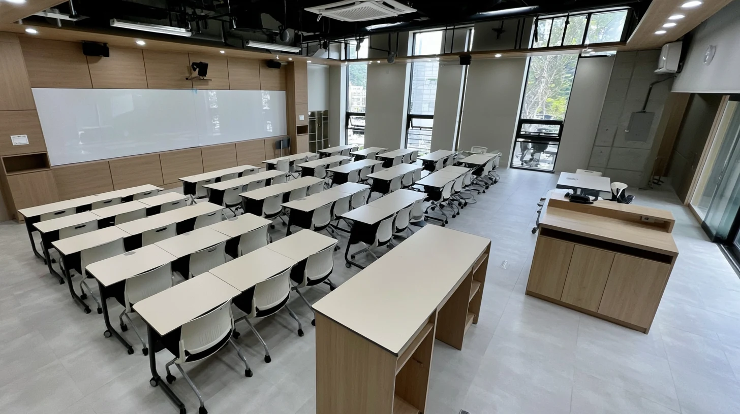 한국 학원 교실. 정돈된 학생 책상과 화이트보드, 자연광이 들어오는 교실 환경