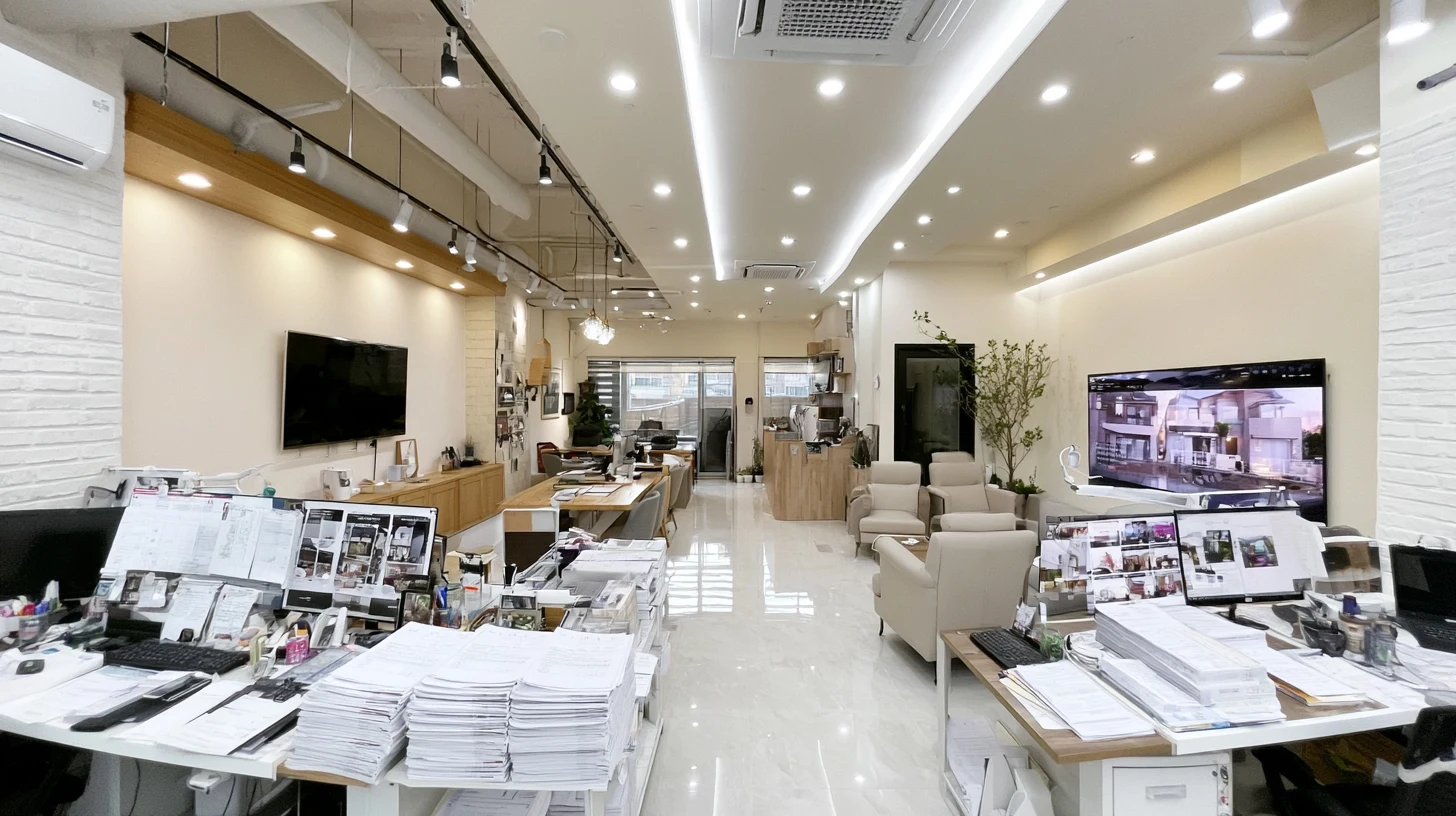 한국 부동산 중개사무소 인테리어. 매물 디스플레이와 상담 좌석, 밝은 조명이 자연스러운 동네 부동산 환경